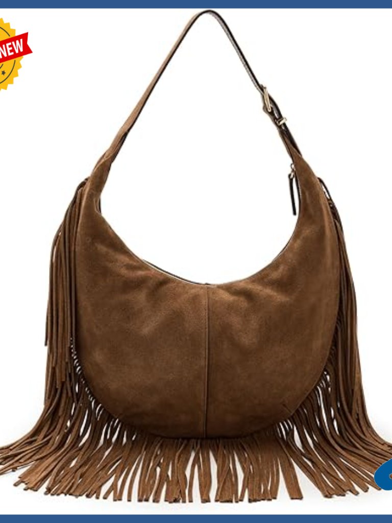 Suede Hobo Shoulder Bag With Fringe, Adjustable Strap, Zipper Closure